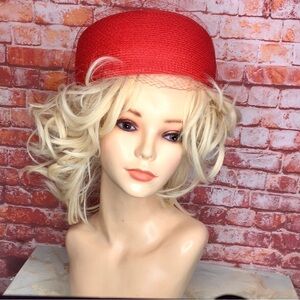 Vintage MCM Red Straw Pillbox Hat with Tan Bow
